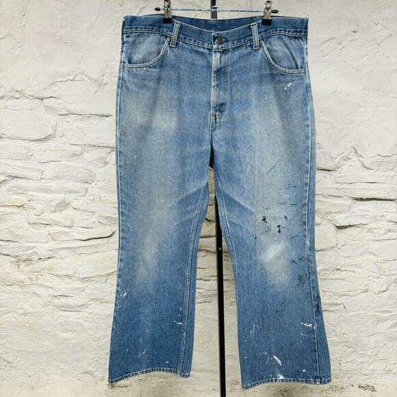 Thumbs Up Vtg 70's Paint Splatter Distressed Faded Denim Flare Leg Jeans 34x28